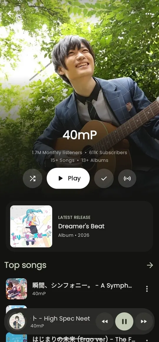 ArchiveTune artist detail and playback screen