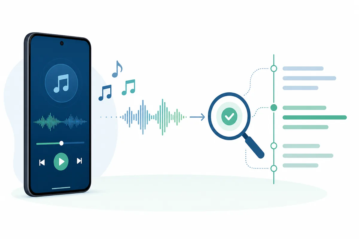 Editorial illustration of a music track being matched to a lyric provider
