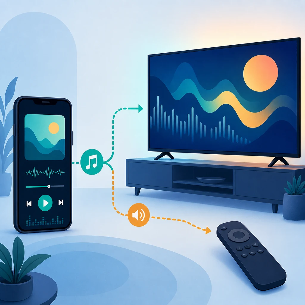 Konzeptionelle Darstellung eines Smartphones, das Musik an einen Fernseher mit Fernbedienung sendet